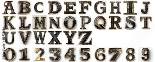 set of black alphabet with gold edge isolated on white photo