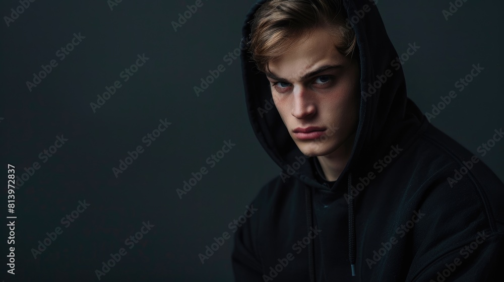 A handsome model in a black hoodie on a plain dark backdrop A handsome model in a black hoodie on a plain dark backdrop