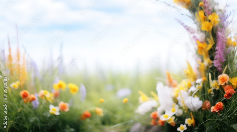 Fototapeta premium Spring flowers portal background with copyspace.