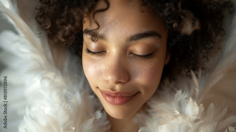 Close-Up Portrait of a Serene Angelic Woman with Closed Eyes Close-Up Portrait of a Serene Angelic Woman with Closed Eyes