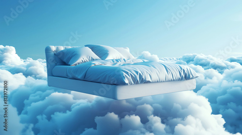 A luxurious bed floating gracefully above a vast expanse of soft, fluffy clouds under a clear blue sky.