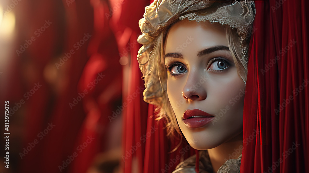 A Red Smooth Fabric Behind The Beautiful Female Model Wearing White Dress With Make Up Focus On Foreground A Red Smooth Fabric Behind The Beautiful Female Model Wearing White Dress With Make Up Focus On Foreground