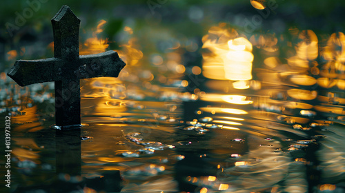 A Christian cross beside a tranquil pond  with the evening light catching the ripples in the water to produce a calming golden bokeh that enhances the reflective nature of the setting.