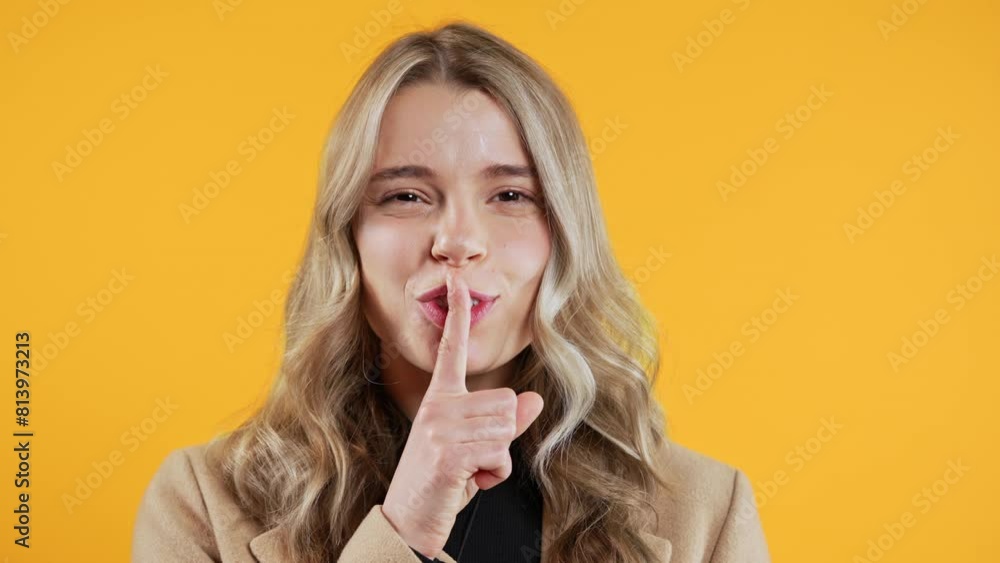 Smiling blonde woman with finger on lips - shh, secret, silence, yellow studio Smiling blonde woman with finger on lips - shh, secret, silence, yellow studio
