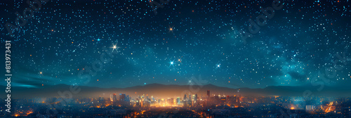 Photo realistic cityscape sparkles below a starry night, blending urban lights with celestial stars   stunning concept capture photo