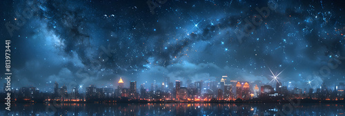 Urban Lights and Celestial Stars  A Photo Realistic View of Starry Night Over Cityscape Sparkling Below