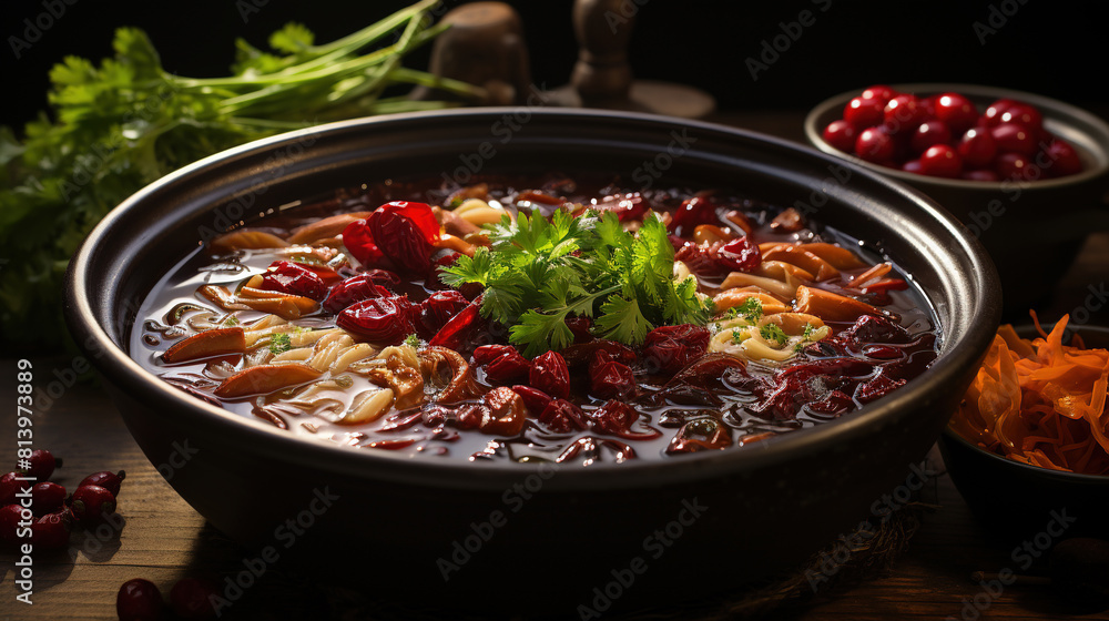 Delicious Chinese Soup Traditional Bowl with Red Dates on Blurry Background Delicious Chinese Soup Traditional Bowl with Red Dates on Blurry Background