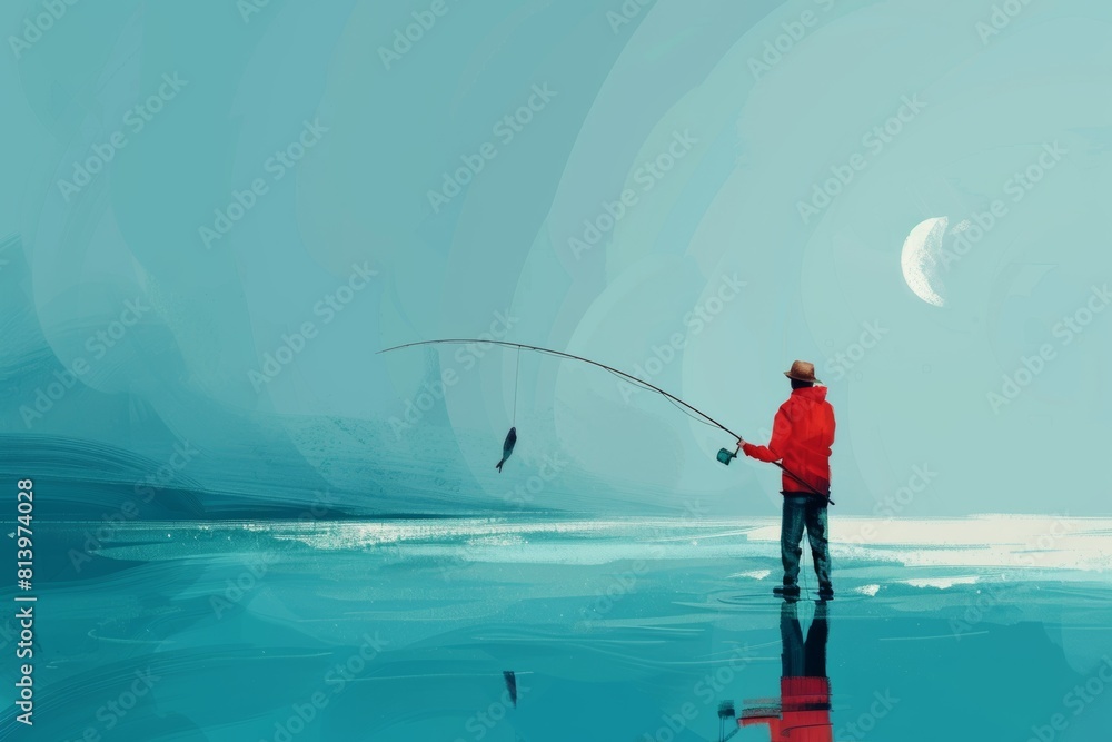 fisherman with a fish on blue sea background. fisherman with a fish on blue sea background.