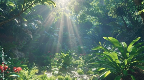 A brilliant sunny day unfolds in a secluded forest with the sunbeams playfully piercing through the lush canopy of towering trees The plants in this tranquil haven harness this abundant sol