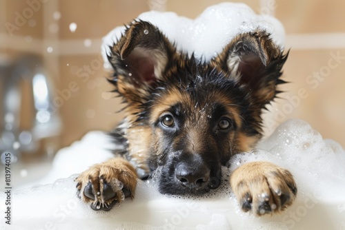 A cute dog sits soapy in the bathroom