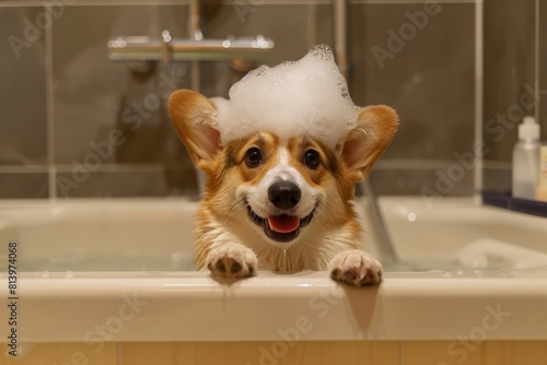 A cute dog sits soapy in the bathroom