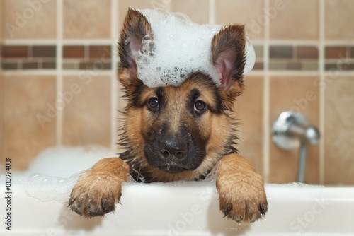 A cute dog sits soapy in the bathroom