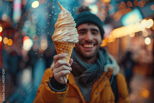 the happiness on a traveler's face as they enjoy a cone of exotic ice cream in a foreign land