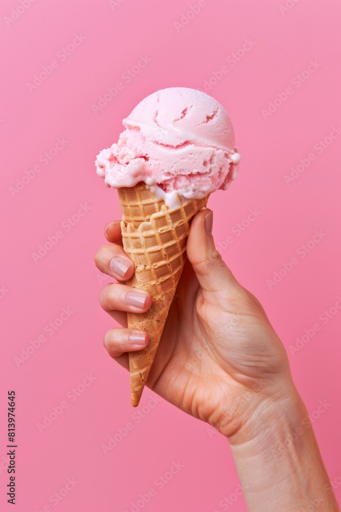 Hand holding ice cream in the background, space for text Hand holding ice cream in the background, space for text