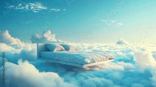 Surreal scene featuring a modern bed floating amidst a vast sea of fluffy clouds under a clear blue sky.