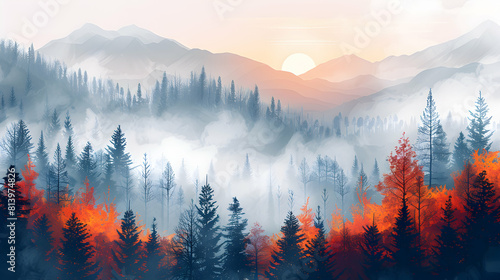 Autumn Misty Morning  Trees in Fall Colors Partially Obscured by Morning Mist   Flat Design Concept Illustration