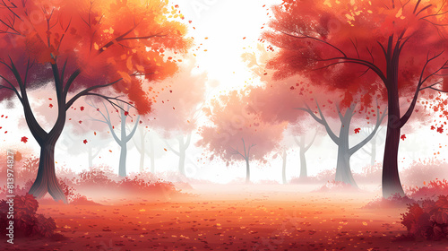 Misty Autumn Morning: Trees Veiled in Colorful Hues   Flat Design Icon Depicting a Warm yet Mysterious Aura of Autumn Majesty