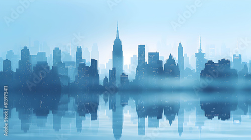 Morning Mist Cityscape: Urban Skyline Merged with Nature in Flat Design Illustration