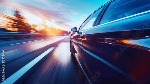 Dynamic image of a black car speeding on a highway at sunset, creating motion blur.
