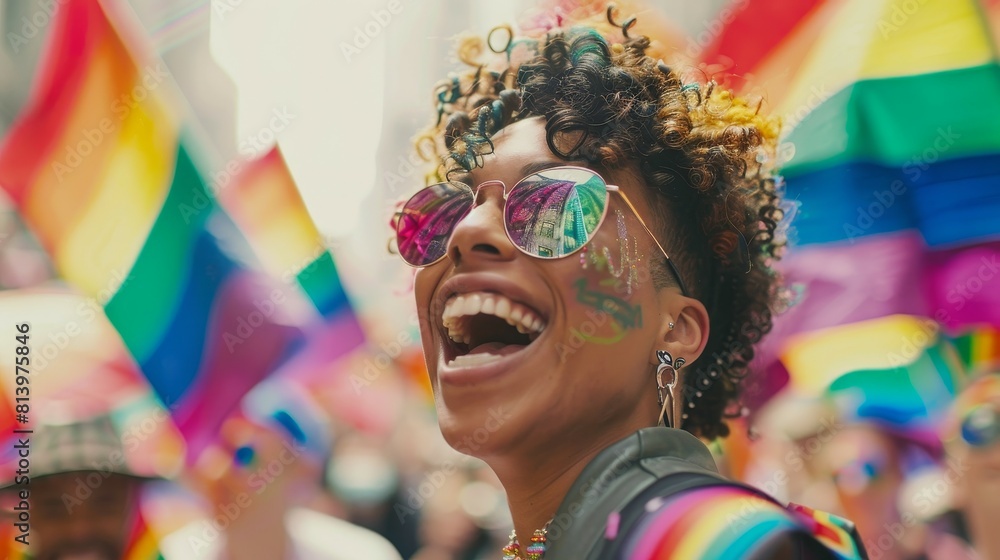 A candid moment capturing the essence of LGBTQ+ celebration, where joyous laughter and vibrant flags fill the frame