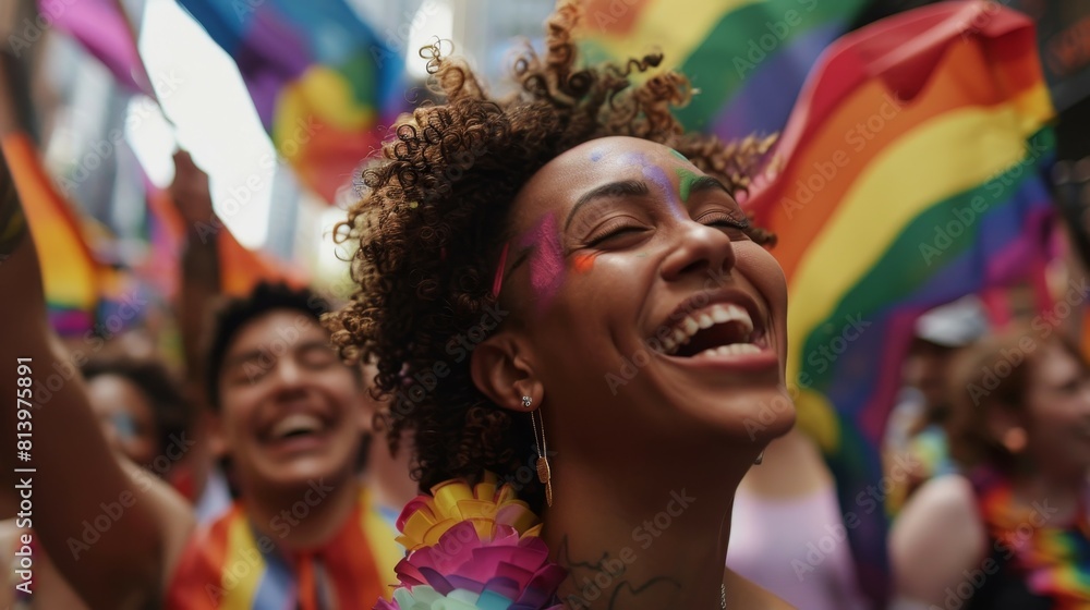 A candid moment capturing the essence of LGBTQ+ celebration, where joyous laughter and vibrant flags fill the frame A candid moment capturing the essence of LGBTQ+ celebration, where joyous laughter and vibrant flags fill the frame