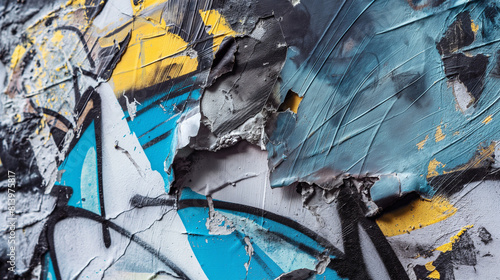 Fragmento de parede antiga de gesso com pintura de graffiti. Parte do graffiti colorido da arte de rua no fundo da parede. Juventude, cultura urbana. Preto, azul claro, branco, cores amarelas
 photo