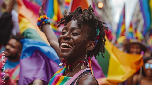 A candid moment capturing the essence of LGBTQ  celebration  where joyous laughter and vibrant flags fill the frame