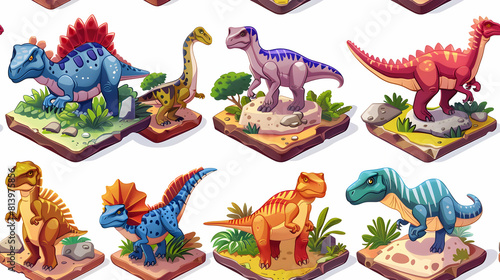 Prehistoric Dinosaur Discovery Tiles: Explore Fascinating Dinosaurs with Vibrant Flat Design Icons, Exciting Children with Prehistoric Wonders! Flat Illustration