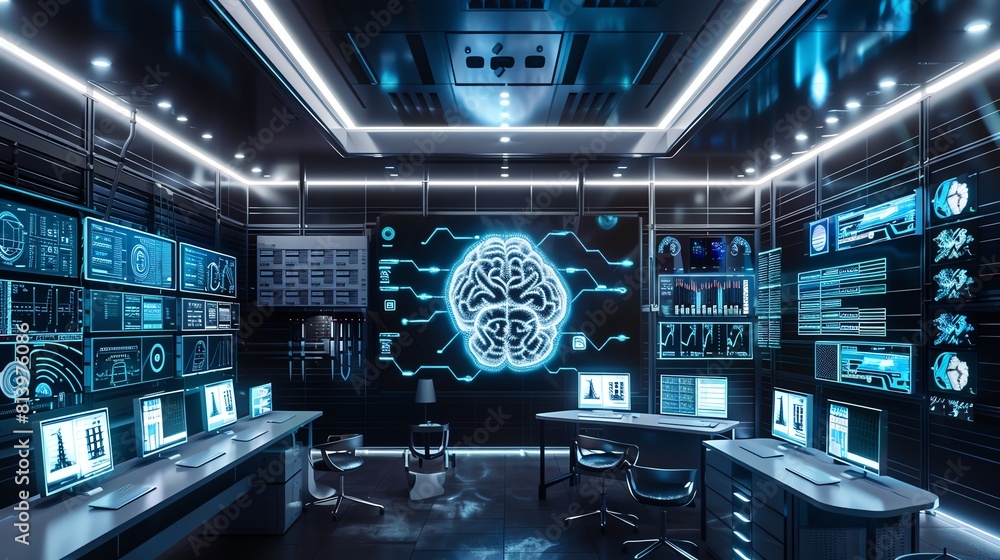 Advanced AI workshop, neural network diagnostics on screens, clean lighting, side angle Advanced AI workshop, neural network diagnostics on screens, clean lighting, side angle
