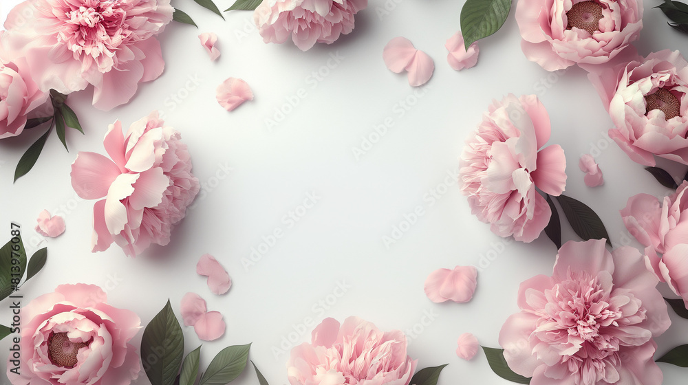Elegant design of pink peonies around an empty central space, pastel colors Elegant design of pink peonies around an empty central space, pastel colors