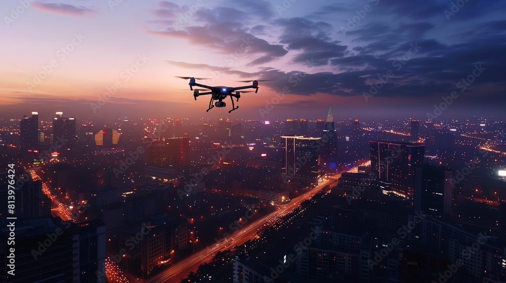 AIdriven drone flying over cityscape at dusk, highangle view, city lights twinkling AIdriven drone flying over cityscape at dusk, highangle view, city lights twinkling