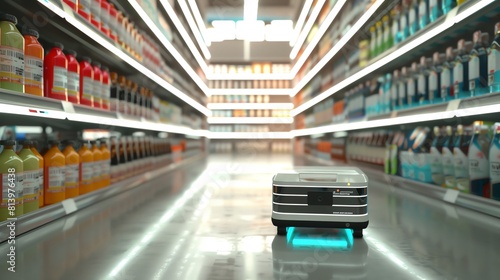 AIpowered inventory robot in aisle, soft white light, low angle shot, scanning product barcodes photo