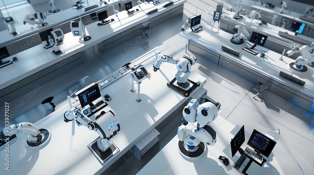 RPA workplace, multiple screens, robots with articulated arms, overhead view, documentary style RPA workplace, multiple screens, robots with articulated arms, overhead view, documentary style