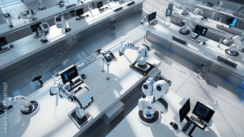 RPA workplace, multiple screens, robots with articulated arms, overhead view, documentary style