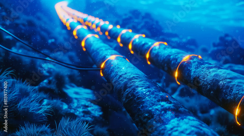 Underwater scene with illuminated pipes and cables on the ocean floor, amidst marine flora. photo