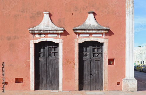 colorful colonial building details in valladolid, yucatan, mexico (window, doorway, cornice details) travel adventure, history (spanish moorish architecture) beautiful design tourism heritage