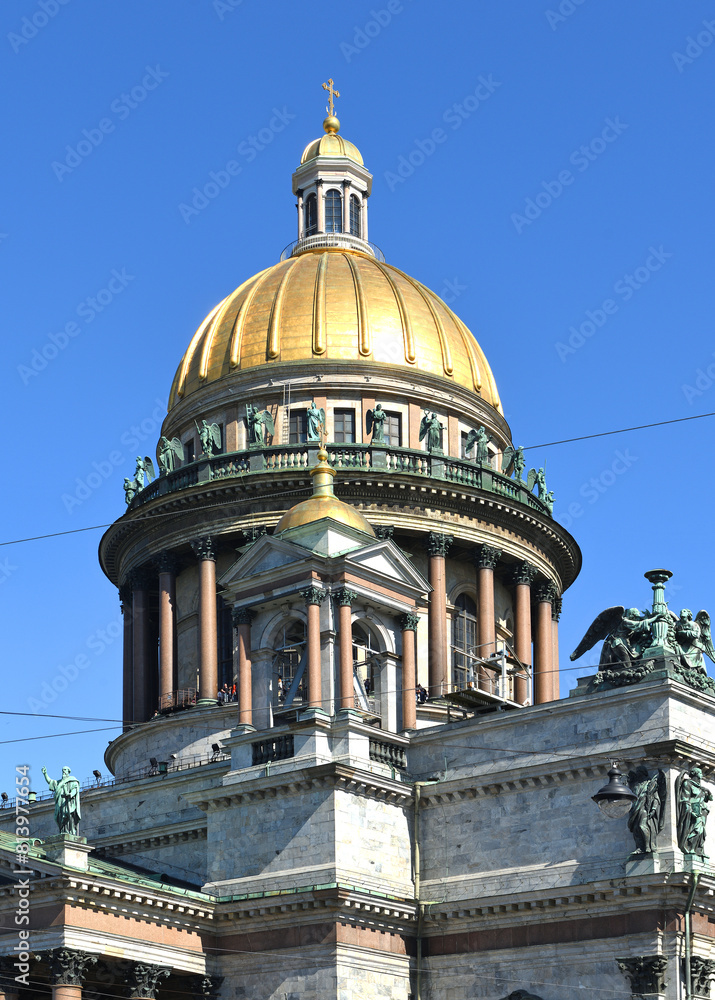 Golden domes (fragment) of Saint Isaac's Cathedral (1858), Russian Orthodox cathedral. Saint Petersburg, Russia