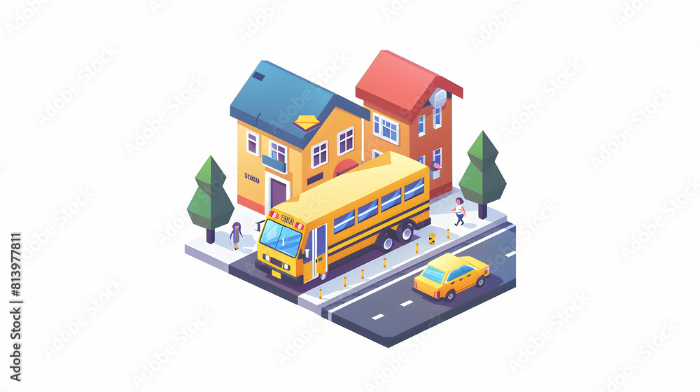 Iconic Flat Design: Joyful School Bus Driver Welcoming Children with a Warm Smile, Setting a Positive Tone for Their Day   Illustration