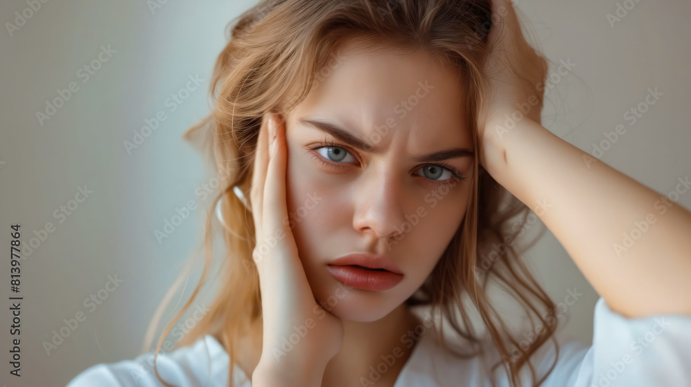 A woman with her hands on her head. A woman with her hands on her head.
