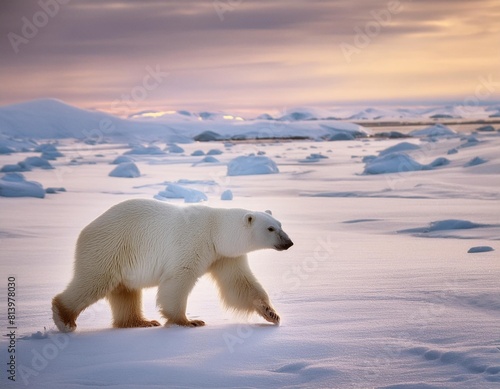 Polar bear walking across a snowy field