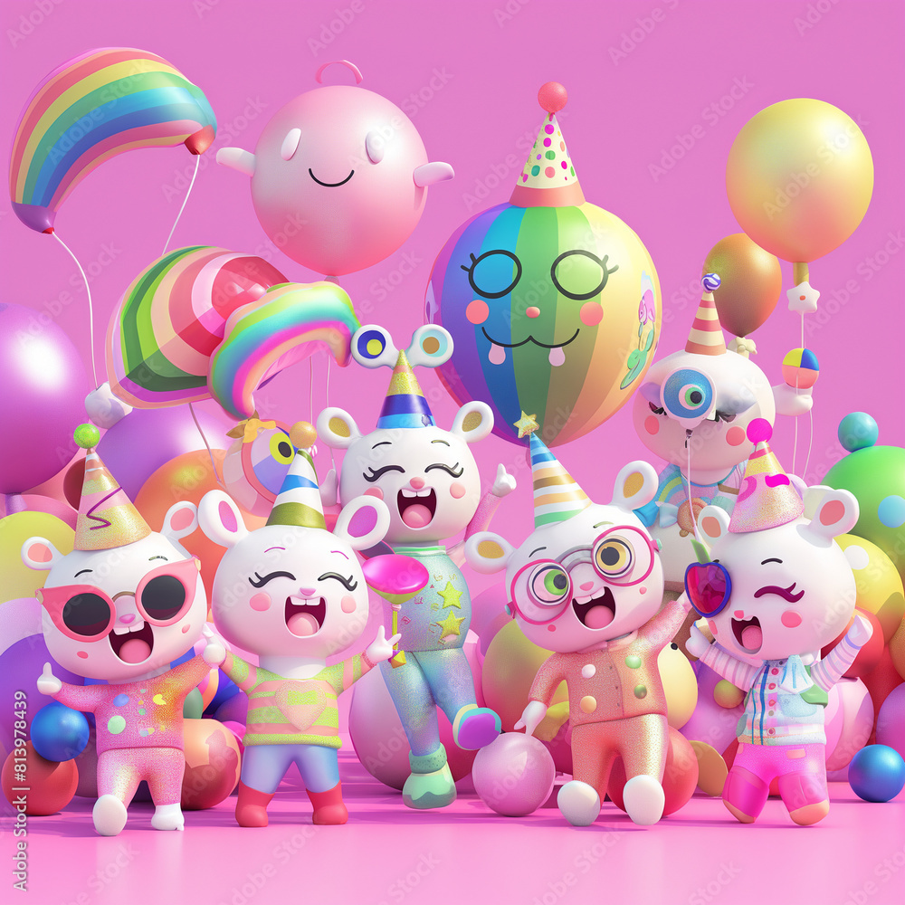 Lustige Cartoons Figuren in pink und Regenbogen mit Luftballons für Grußkarten und Druckvorlage Lustige Cartoons Figuren in pink und Regenbogen mit Luftballons für Grußkarten und Druckvorlage