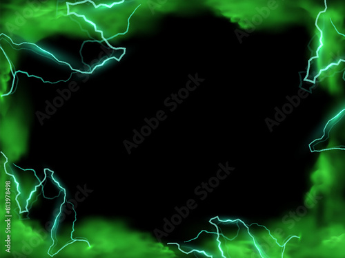Green lightning strikes and smoke effect frame background, storm clouds, magical energy flash with fog border design