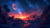 Serene Desert Oasis with Milky Way Cosmic Glow   Flat Design Concept Illustration