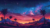Serene Desert Oasis with Milky Way Celestial Glow   Flat Design Icon Illustration Depicting Tranquil Night Sky and Scenic Landscape