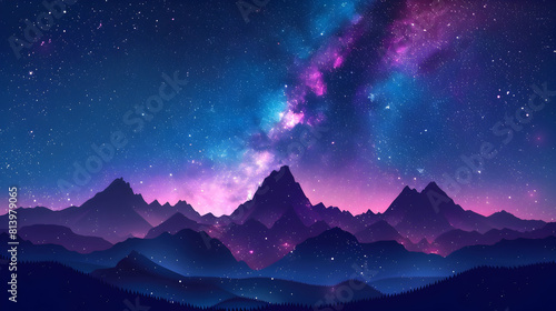 Milky Way Over Mountain Peaks: A Stunning Celestial Scene Illuminating the Night Sky Flat Design Icon Concept