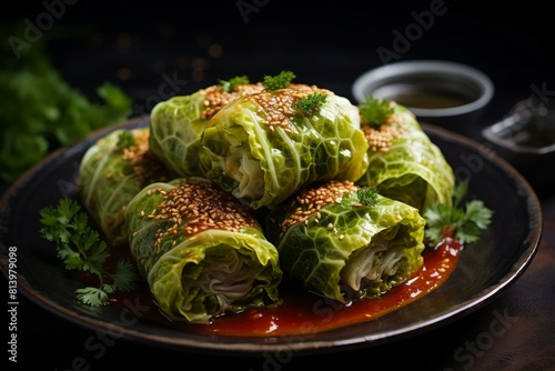 Tender Stuffed savoy cabbage leaves. Cooking sauce meal roll lunch. Generate Ai