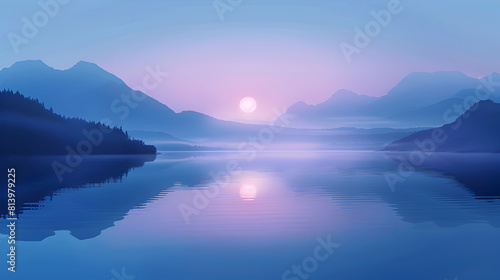 Misty Lake at Dawn: A Serene Oasis Shrouded in Morning Mist   Ideal for Peaceful Designs and Calm Settings. Flat Illustration © Gohgah