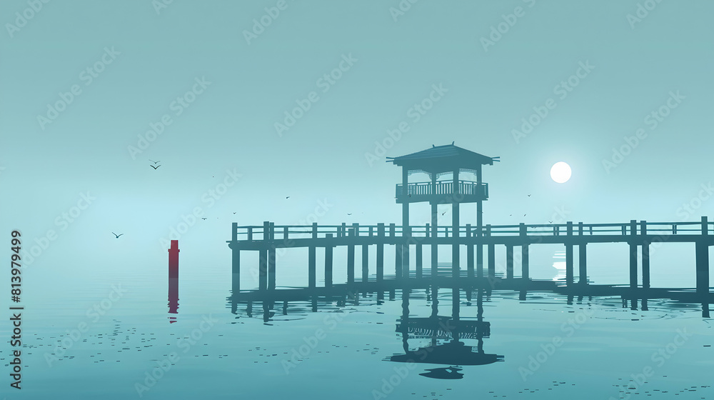 Misty Morning Fishing Pier   A serene spot for contemplation and early catches. Flat design concept with a peaceful atmosphere in the mist.