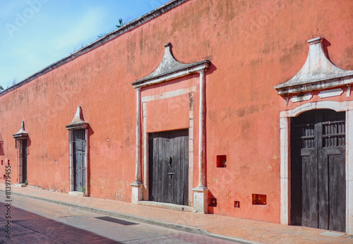 colorful colonial building details in valladolid, yucatan, mexico (window, doorway, cornice details) travel adventure, history (spanish moorish architecture) beautiful design tourism heritage