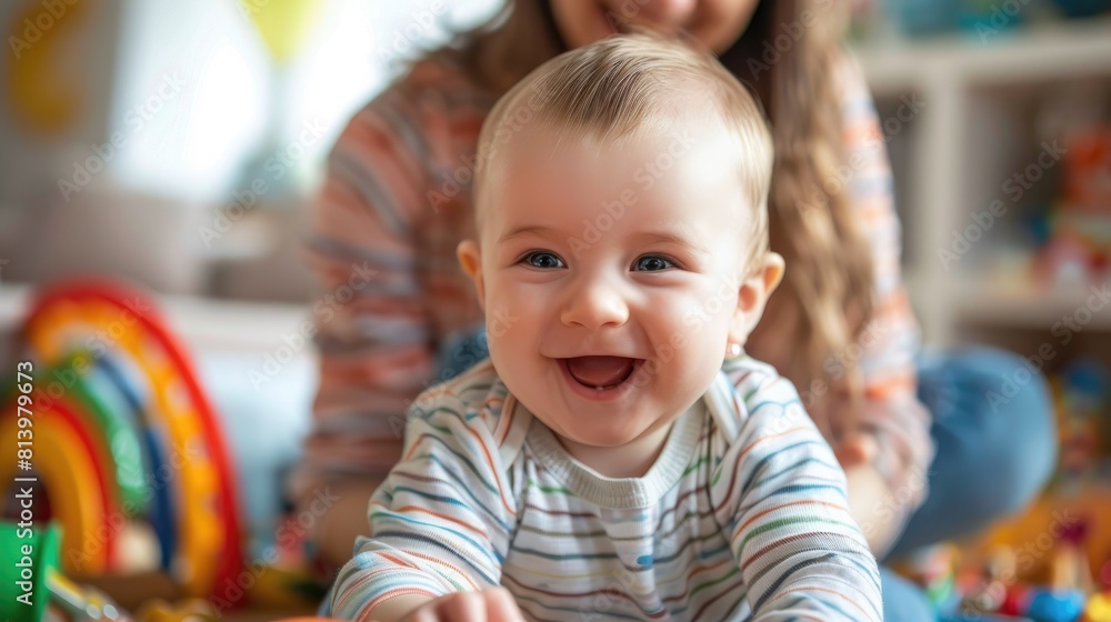 A cheerful infant boy is practicing sitting up with his mother s assistance A cheerful infant boy is practicing sitting up with his mother s assistance